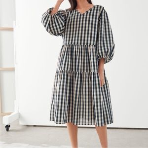 & other stories voluminous puff sleeve midi dress black gingham print medium